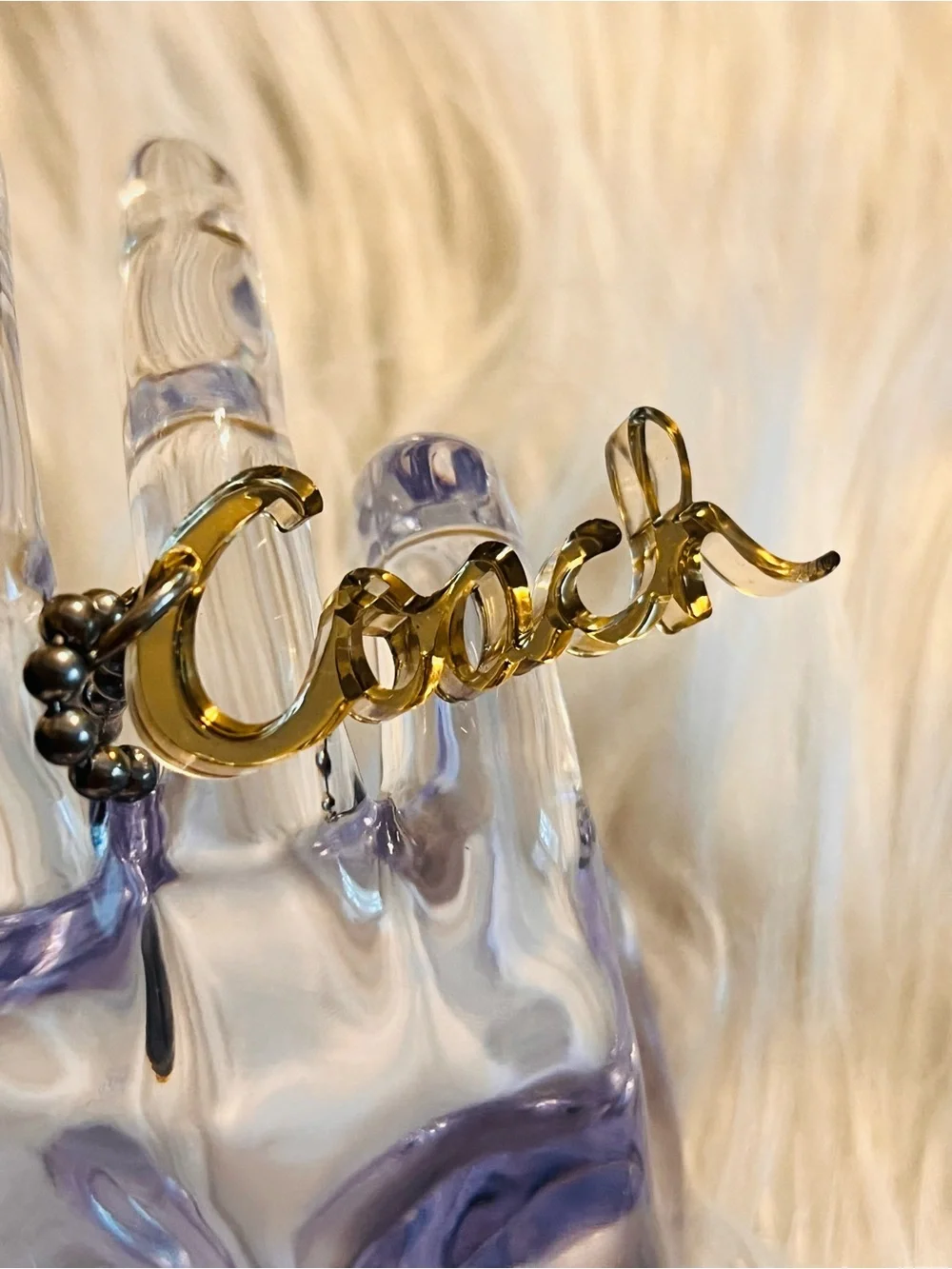 Coach poppy Y2K clear Metallic Gold Script Keychain or bag tag
